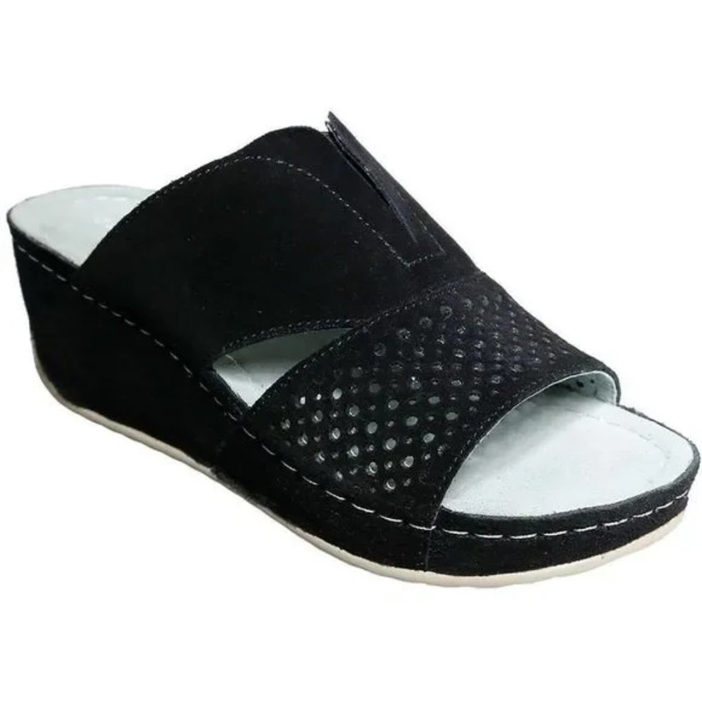 David Tate New Black Wedge Mule Sandals Slip-On Clog Perf Suede Women's 12